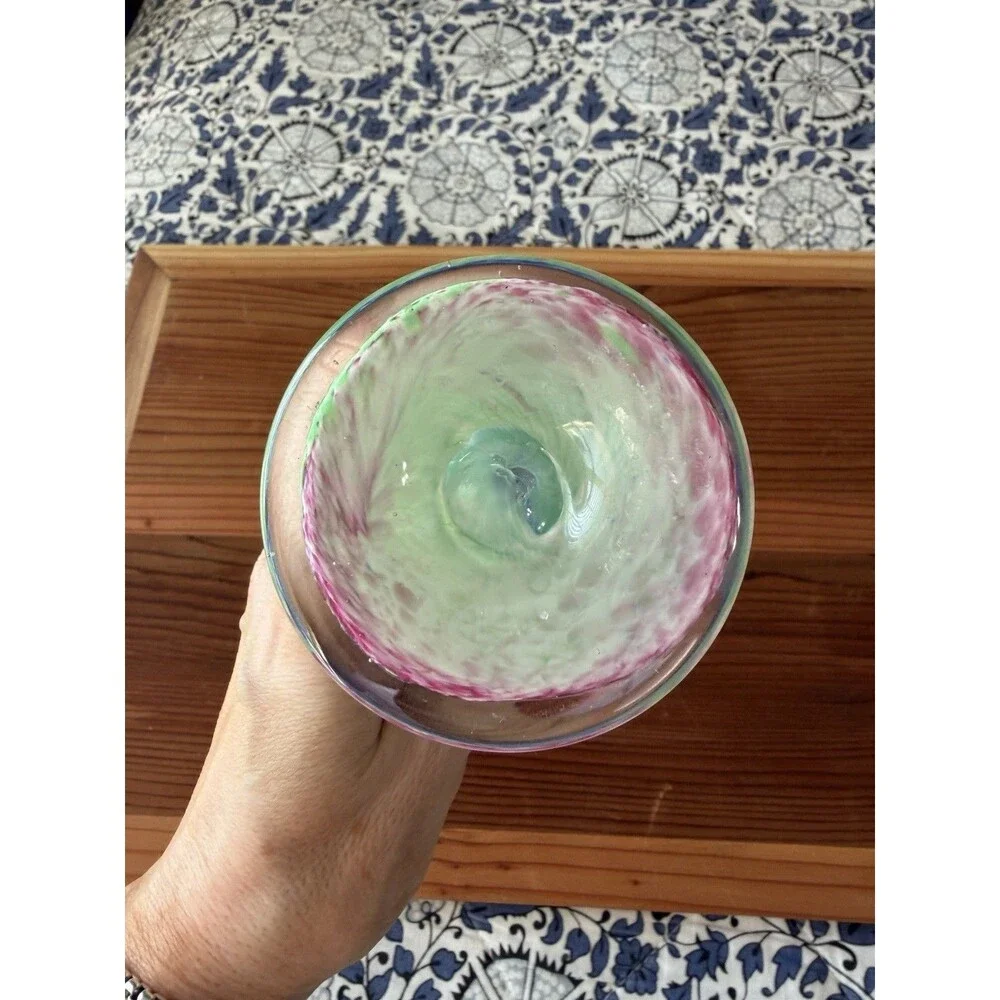 Unmarked Art Hand-blown Glass Bud Vase Swirl Pink Blue Green Glossy no chips